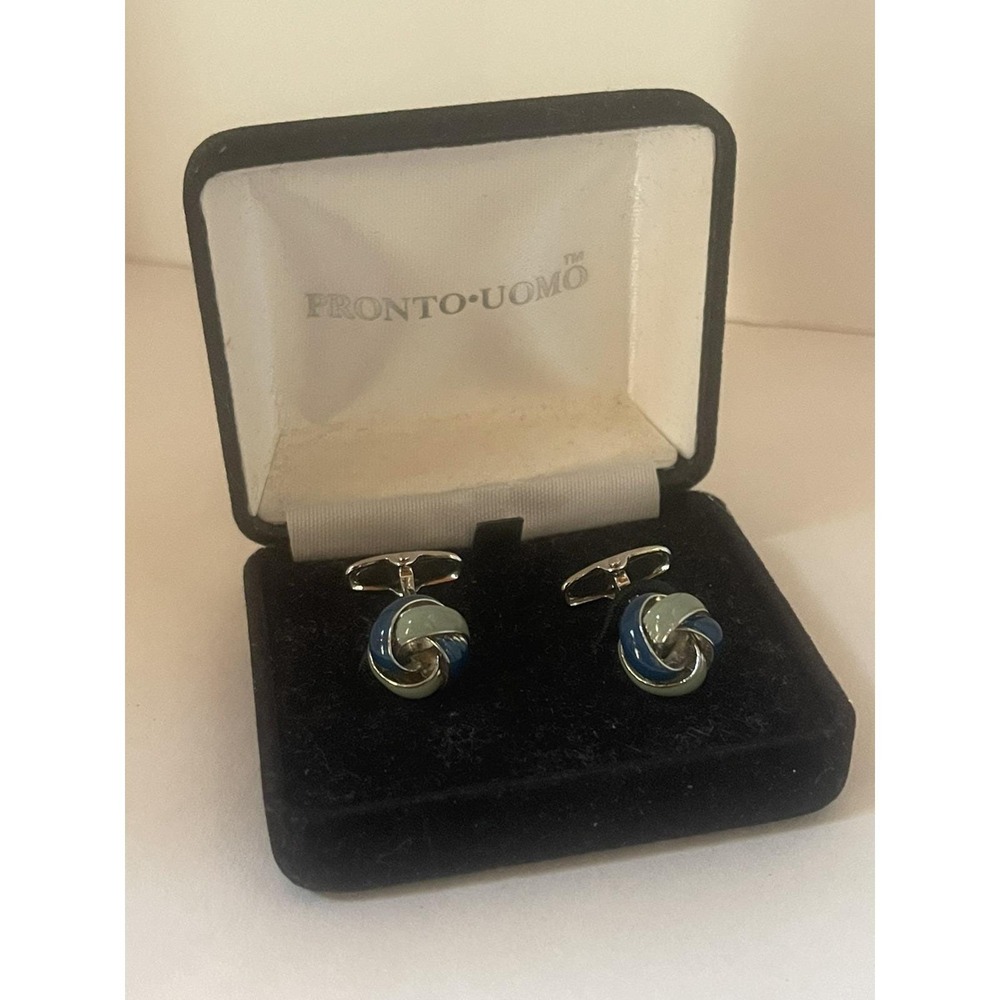 Pronto Uomo Silver Tone Cuff Links Green Blue Settings Original Box